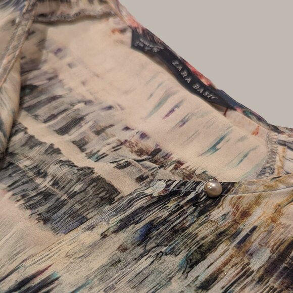Zara Semi-Sheer Long Sleeve Blouse - Neutral Watercolor Print - Size Small - Picture 8 of 9